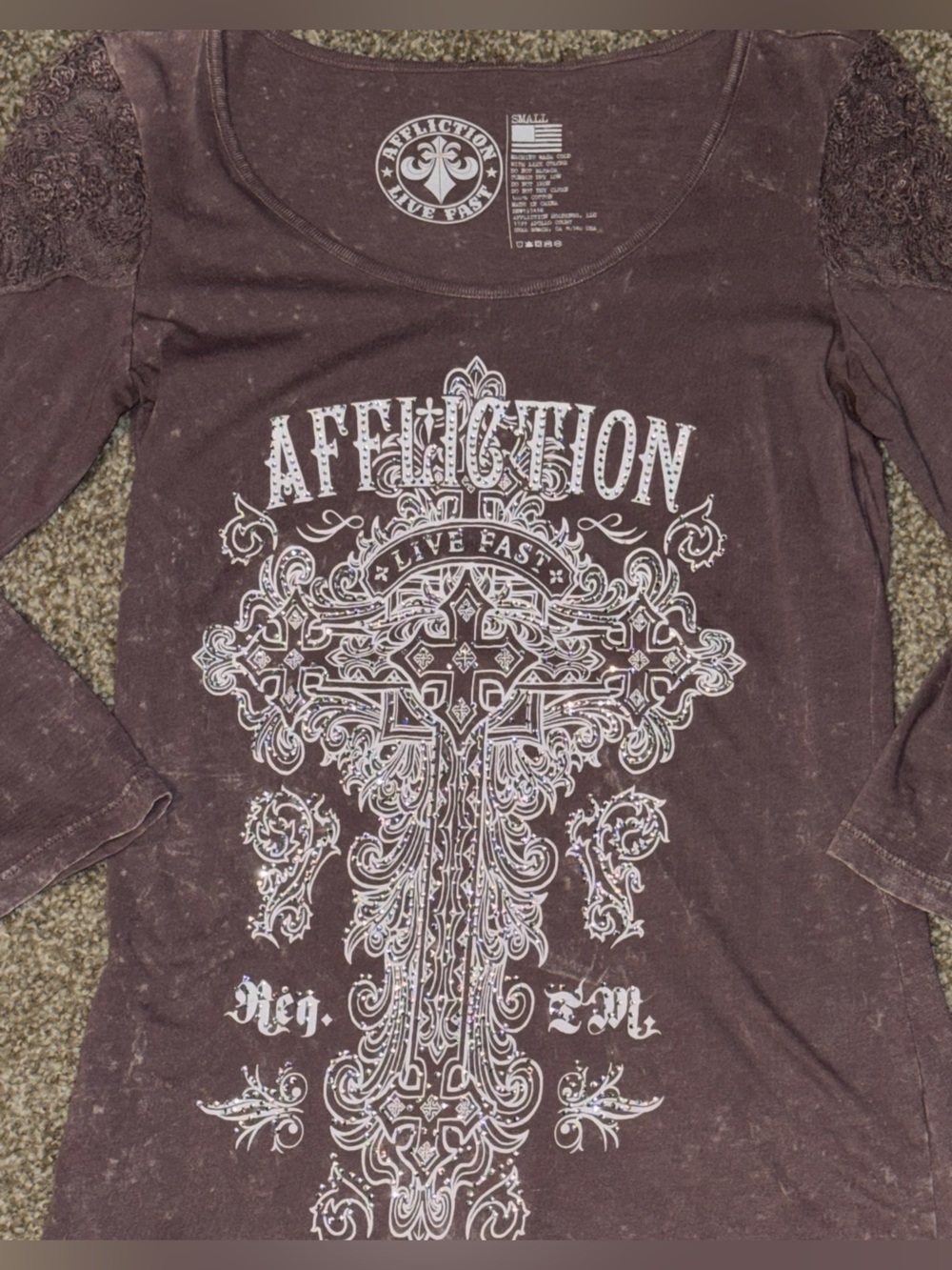 Affliction Brown Long Sleeve Lace Shoulder Graphic Tee